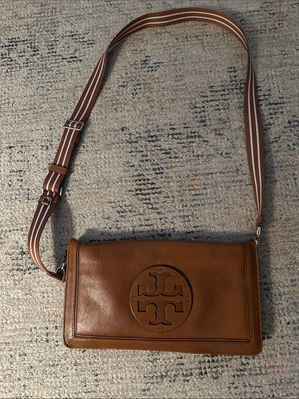 Tory Burch Brown Leather Logo Flap Crossbody with Striped Strap